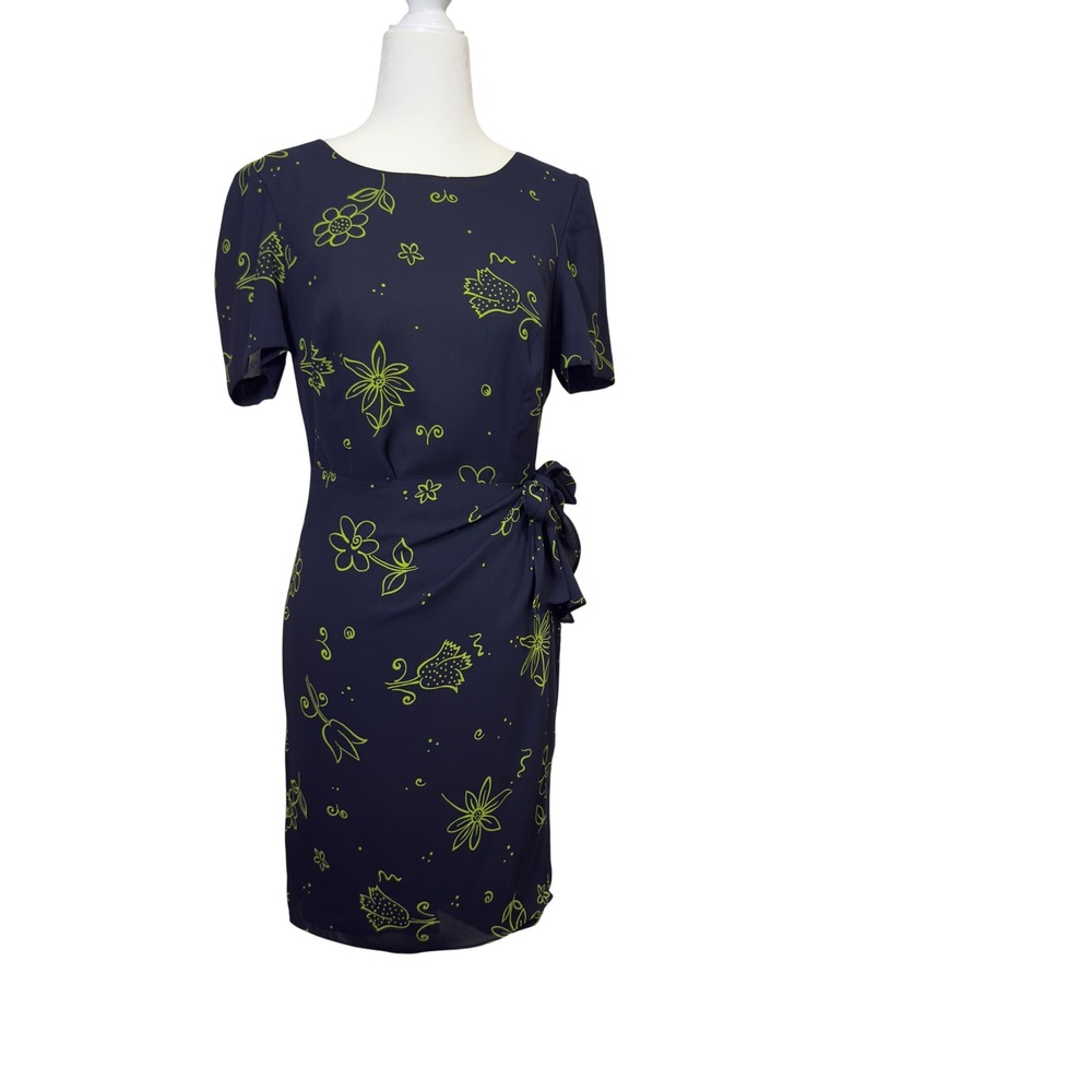Warren Petites Navy Blue Lime Green Floral Side Tie Sheath Dress Vintage Size 4